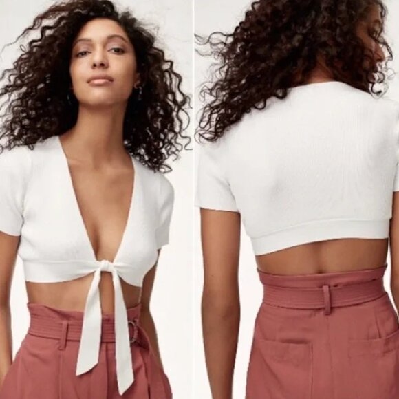 Aritzia Wilfred Knit Tie-Front Short Sleeve Crop Top - Picture 1 of 5